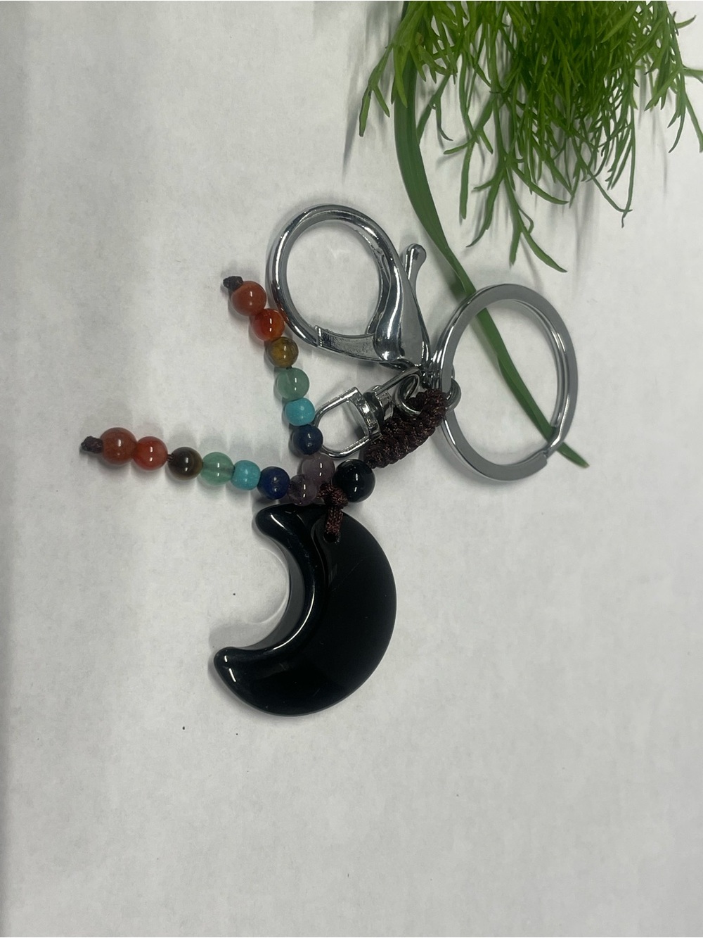 Black Crescent Moon Beaded Keychain Key & Card Holder